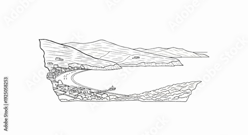 A picturesque coastal village nestled in a bay, with rolling hills