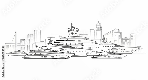 Sketch of luxury yachts docked in a city harbor with skyline backdrop