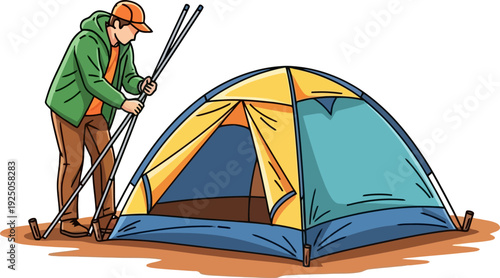 Resourceful focused camper assembling a blue and yellow dome tent at a wilderness campsite step-by-step instructional vector