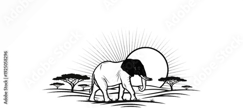 An elephant walks across a savanna landscape with acacia trees and a sunburst
