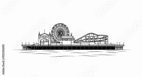 A black and white line drawing of a pier with a Ferris wheel and roller coaster
