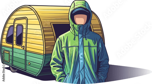 Rugged nomad standing in front of a vintage-style teardrop camper trailer ready for a minimalist life on the open road