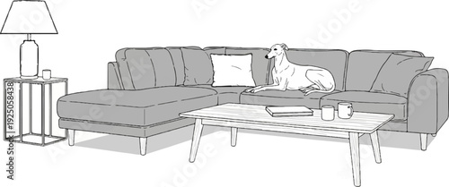 A dog lounges on a sectional sofa next to a side table with a lamp