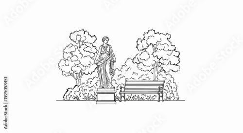 A line drawing of a park scene with a statue, bench, and trees