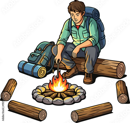 Rustic camping experience featuring a man tending to a stone-ringed campfire in a tranquil forest clearing