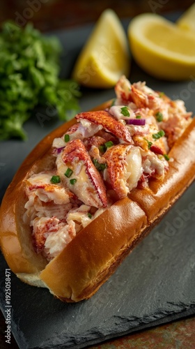 Buttery lobster roll with lemon wedges and parsley