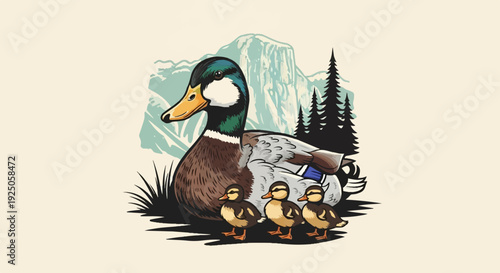 A mallard duck and three ducklings rest near a mountain and pine trees