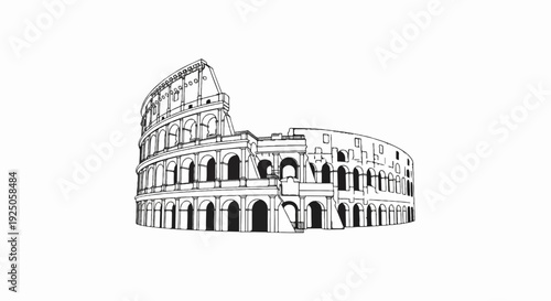 A monochrome sketch of an ancient Roman amphitheater with distinct arches and columns