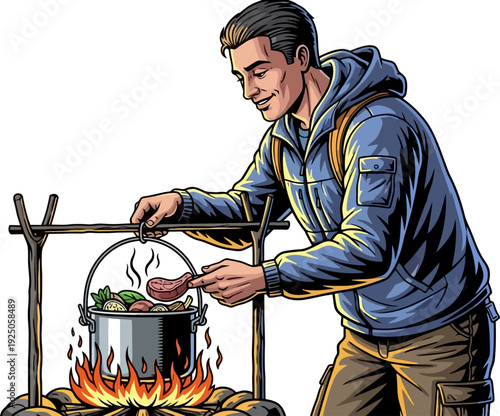 Rustic culinary experience as a camper prepares a hearty stew in a cast-iron pot over an open wood fire at a forest campsite