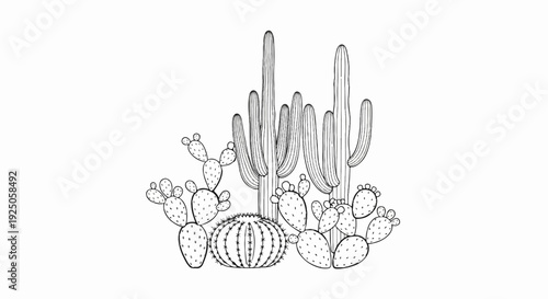 A group of various cacti stand in a cluster, including tall saguaro and prickly pear varieties