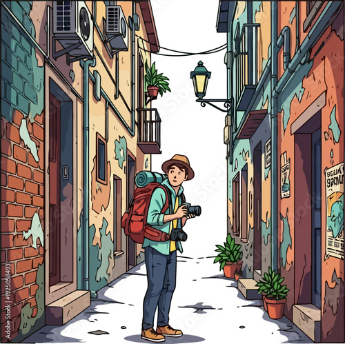 Rustic intrepid photographer capturing the architectural beauty of a narrow mediterranean alleyway with weathered walls atmospheric urban vector art