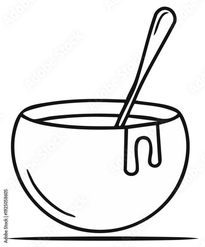 Simple Line Drawing of a Bowl with a Spoon Dripping Sauce or Liquid