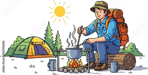Satisfied camper preparing a hot meal in a hanging pot over an open flame at a sunlit forest campsite illustration
