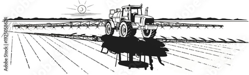 Tractor with spray boom in a field under a sun