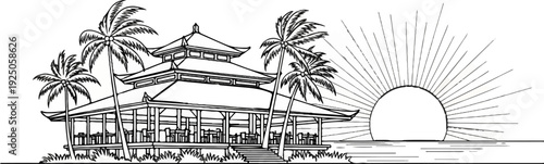 Tropical resort with pagoda, palm trees, and sunrise over ocean