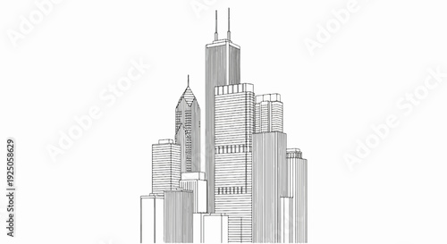 A monochromatic sketched cityscape with tall modern buildings of varying heights