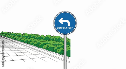 Stylized illustration shows a mandatory turn left sign next to a row of trees