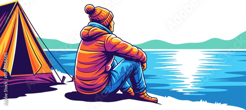 Serene and contemplative camper sitting by a tranquil lake at dawn next to a tent in a vibrant and colorful vector illustration