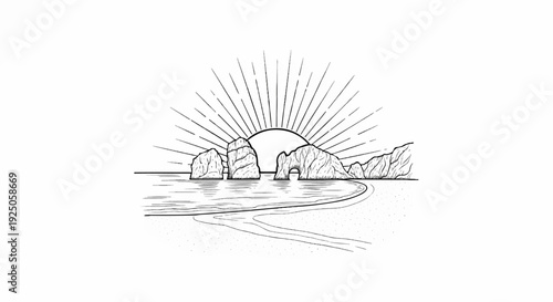 Stylized sunburst over ocean arches and a sandy beach