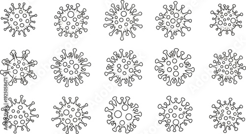 A repeating pattern of stylized virus icons with spikes and circles