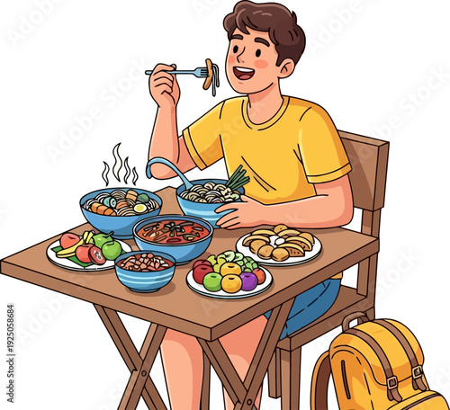 Satisfied traveler indulging in a diverse feast of local cuisine at a rustic wooden table with his backpack ready
