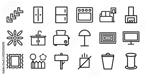 Modern interior design and home furnishing line icons for architectural planning. Minimalist monoline pictograms featuring kitchen appliances, furniture, and decor elements.