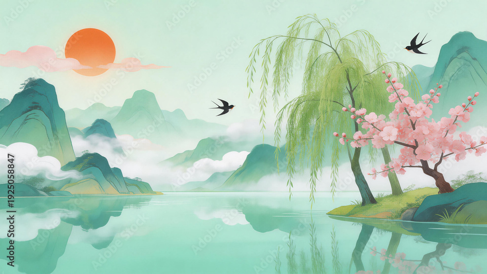 Fototapeta premium Serene spring landscape featuring misty mountains, a calm river with reflections, cherry blossom trees, willow branches, and swallows. Soft hues create a tranquil, poetic atmosphere.