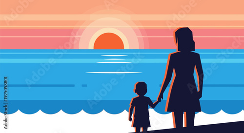 Mother and child watching sunset over ocean.