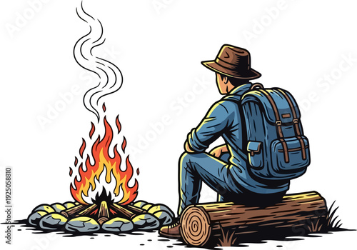 Serene explorer resting on a rustic log beside a crackling campfire while wearing a backpack in a clean graphic style