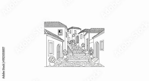 A charming sketch of a stone-paved lane winding uphill between whitewashed buildings