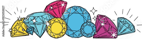 A collection of sparkling, faceted gemstones in vibrant yellow, pink, and blue