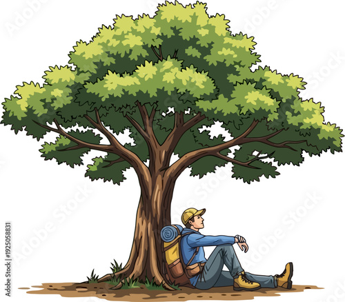 Serene moment of reflection as a weary hiker rests beneath the sprawling canopy of a majestic ancient tree during a summer trek