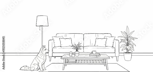 A dog sits on a rug before a couch with plants and a coffee table