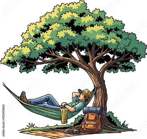 Serene traveler enjoying a peaceful nap in a green hammock suspended under the shade of a lush leafy tree in a summer garden