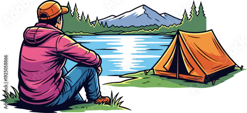 Serene perspective of a lone camper admiring the tranquil lake and snow-capped mountains from his tent site