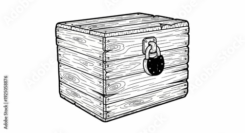 A locked, wooden crate illustrated in black and white on a white background