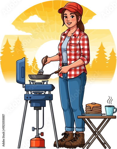 Skilled outdoor cook flipping pancakes on a portable gas stove during a beautiful golden hour sunrise at a forest campsite in a warm narrative illustration