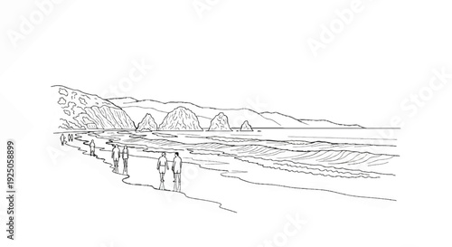 A minimalist sketch of people walking on a beach with rocky outcrops and mountains