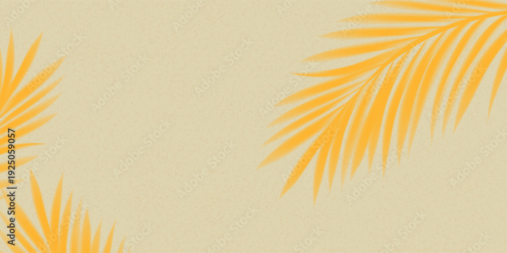 Obraz premium Sand texture background with palm leaves border frame,Yellow coconut leaf on Brown Sandy Beach,Vector top view Sand Surface,Backdrop background Wide Horizon Desert dune for Summer Product Presentation