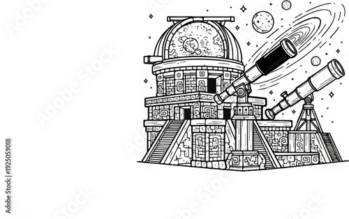 Ancient observatory structure with telescopes pointed at starry sky