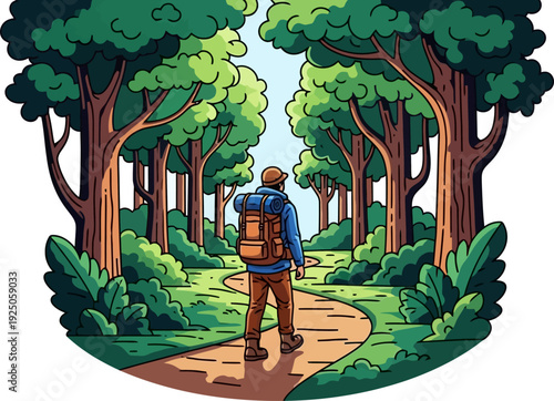 Solitary hiker venturing deep into a lush verdant forest along a winding dirt path for a spiritual connection with nature