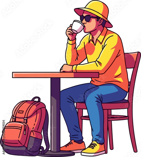 Sophisticated traveler enjoying a quiet moment with a cup of coffee at a sidewalk cafe during a city break
