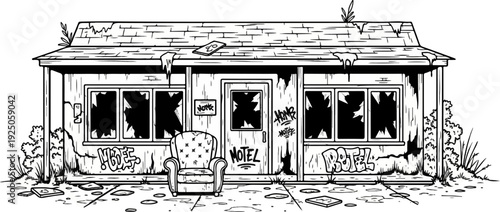 Abandoned motel with broken windows, graffiti, and overgrown vegetation