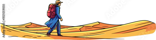 Solitary wanderer in a long blue coat trekking across rolling golden sand dunes in an arid desert expanse