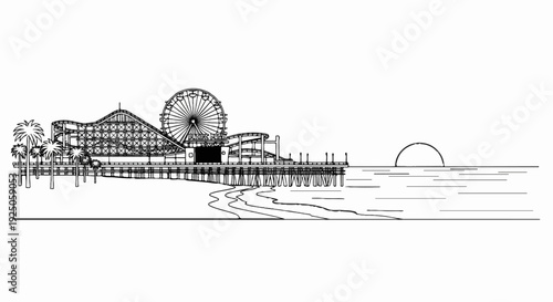 Beach pier with roller coaster, Ferris wheel, palm trees, and ocean sunset