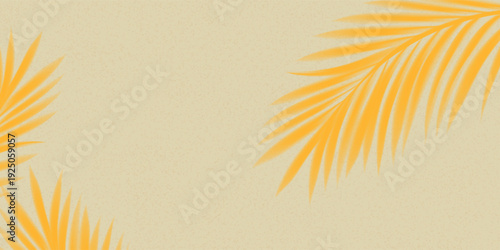 Sand texture background with palm leaves border frame,Yellow coconut leaf on Brown Sandy Beach,Vector top view Sand Surface,Backdrop background Wide Horizon Desert dune for Summer Product Presentation