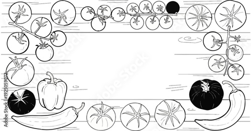 Assortment of fresh vegetables and vine-ripened tomatoes on a rustic wooden surface