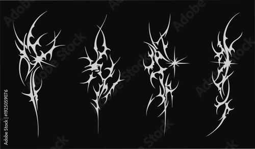 Collection Of Grunge Y2k Tattoo Streetwear Graphic Elements. Gothic Neo Tribal Cyber Sigilism Shapes Vector Design. and Edgy Branding. Black Modern Sigilism Art Ornaments.