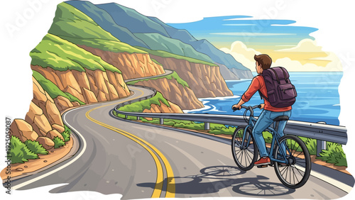 Spirited cyclist traversing a serpentine coastal road overlooking the vast blue ocean cliffs