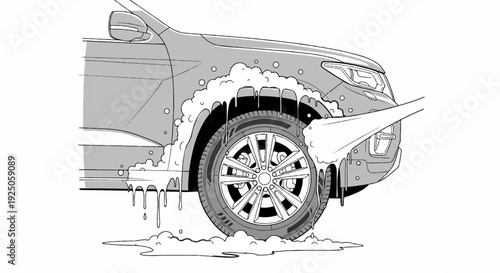 Close up of a vehicle's front tire and fender being soaped during a wash